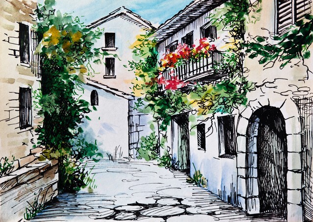 Watercolor painting - flowers along the street